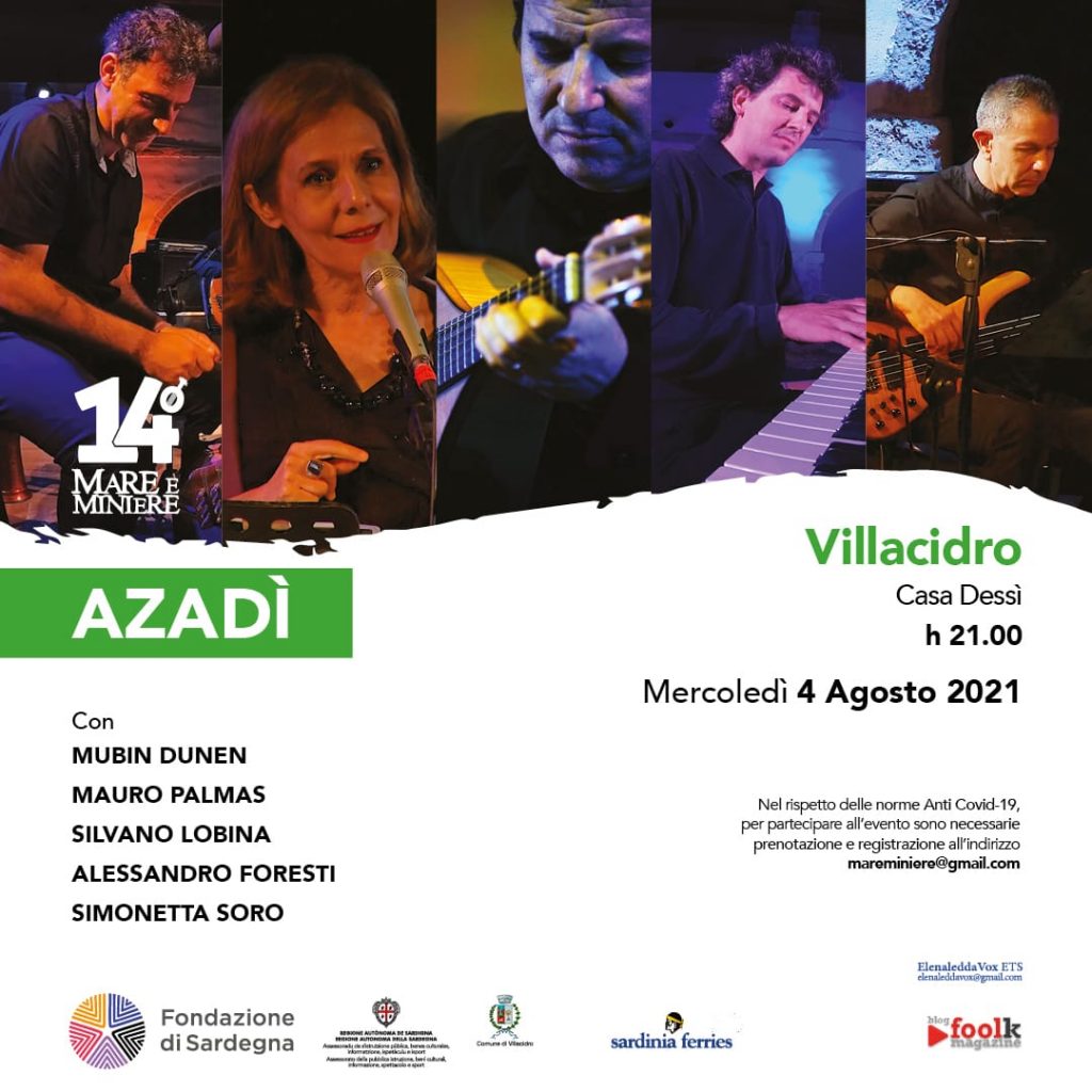 Locandina appuntamento del 4 Agosto in Casa Dessì. Concerto "AZADÌ" per la rassegna Mare e Miniere.